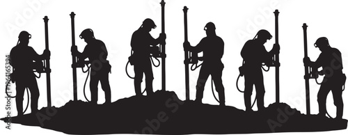Black Solid Coal Miner Pneumatic Drill Role Silhouettes Set of Six on White Background