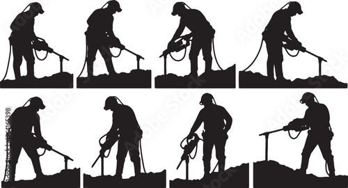 Black Solid Coal Miner Pneumatic Drill Role Silhouettes Set of Six on White Background