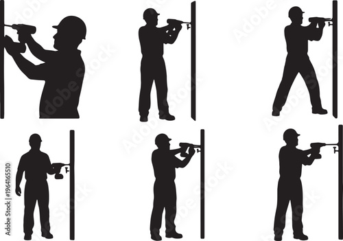 Black Solid Contractor Power Drill Role Silhouettes Set of Six on White Background
