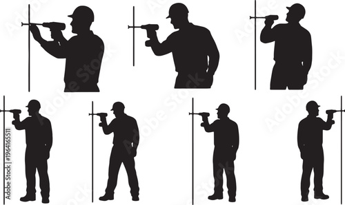 Black Solid Contractor Power Drill Role Silhouettes Set of Six on White Background