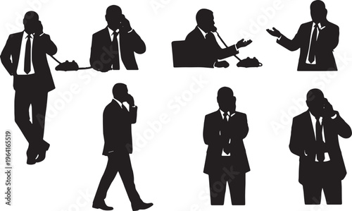 Black Solid Corporate Directors Landline Phone Silhouettes Set of Six on White Background