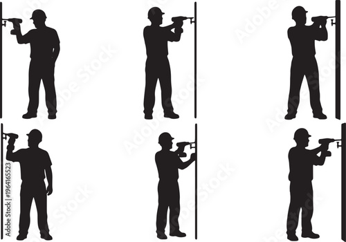 Black Solid Contractor Power Drill Role Silhouettes Set of Six on White Background