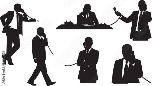 Black Solid Corporate Directors Landline Phone Silhouettes Set of Six on White Background
