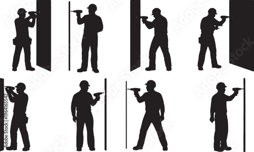 Black Solid Contractor Power Drill Role Silhouettes Set of Six on White Background