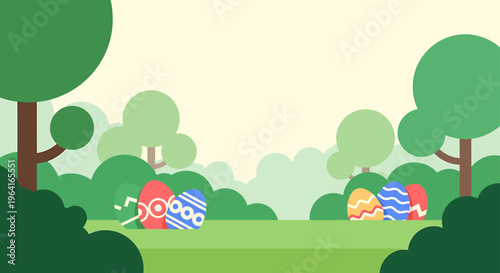 easter egg hunt flat design illustration of colorful decorated eggs in a vibrant green spring park landscape.