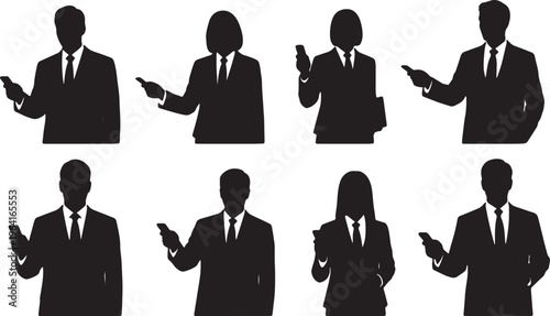 Black Solid Corporate Directors Remote Clickers Silhouettes Set of Six on White Background