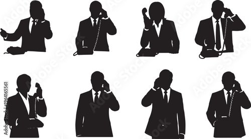 Black Solid Corporate Directors Landline Phone Silhouettes Set of Six on White Background