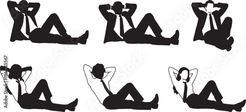 Black Solid Corporate Executives Arms Behind Head Silhouettes Set of Six on White Background