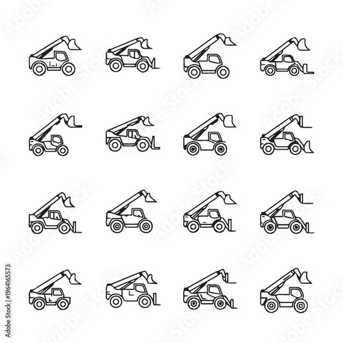 Telehandler Set Icons: Construction Equipment Line Art Compact Machinery Vector Illustrations
