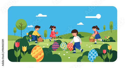 easter egg hunt with children enjoying a fun spring holiday outdoor activity collecting colourful eggs in a grassy park.
