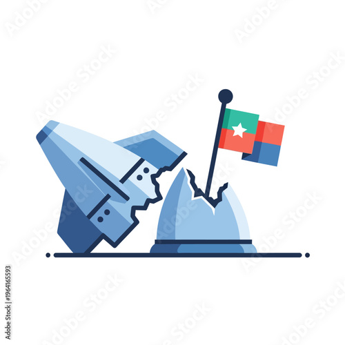 rocket crash into a broken flag symbol representing political conflict geopolitical failure and damaged national ambition.