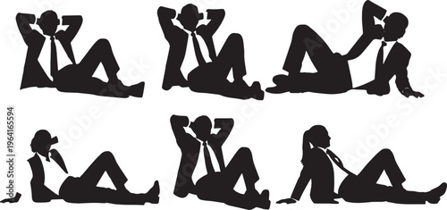 Black Solid Corporate Executives Arms Behind Head Silhouettes Set of Six on White Background