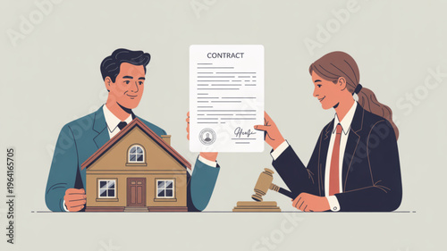 Businessman and woman signing real estate contract with house model on table