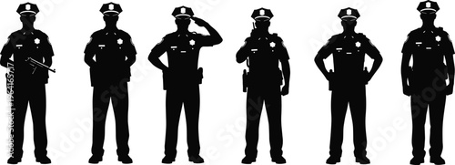 Set of police officer silhouettes in various poses including saluting and standing, law enforcement security vector illustration isolated on white background.