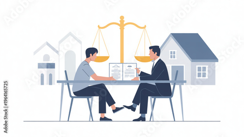 Two men in business attire sitting at a table with a scale and houses in the background discussing documents