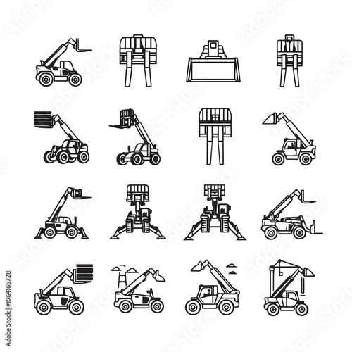 Telescopic Handler Icons: Construction Machinery Collection with Various Angles