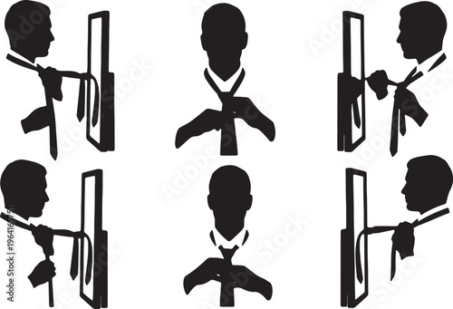 Black Solid Corporate Executives Tying Necktie Silhouettes Set of Six on White Background