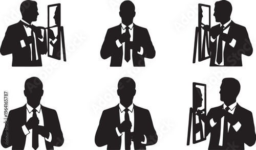 Black Solid Corporate Executives Tying Necktie Silhouettes Set of Six on White Background