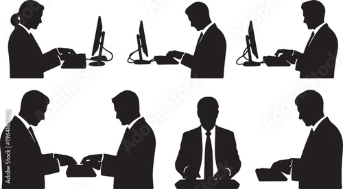 Black Solid Corporate Executives Typing Two Fingers Silhouettes Set of Six on White Background