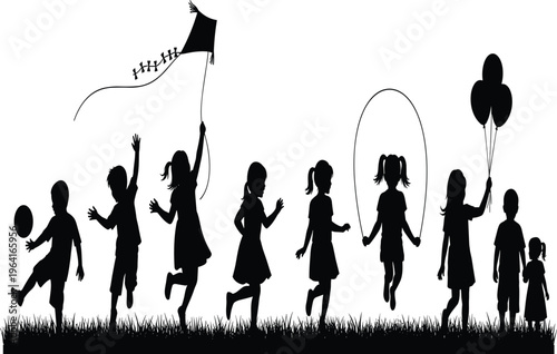 Silhouette children playing outdoors with ball kite balloons jump rope in park playground happy childhood activity vector illustration design