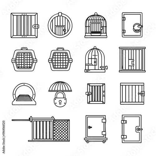 Various Animal Cages and Carriers Collection Vector Line Art Icons