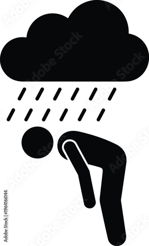 Black silhouette stress illustration, person under rain cloud symbol, sadness burden icon, emotional difficulty design, mental health graphic