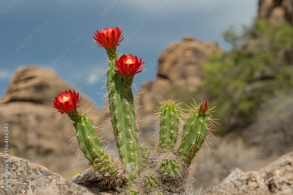 Obraz premium Vibrant red cactus flowers bloom on rocky desert terrain red flowers blooming prickly