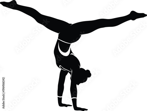 Silhouette vector of gymnast performing handstand split pose in leotard showcasing balance, strength, flexibility, elegance, fitness and control.