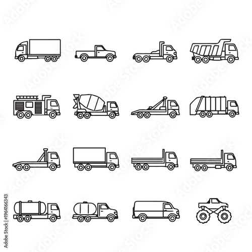 Various Commercial Truck Icons CollectionFlat Vector Art for Transportation Concepts