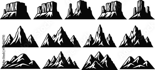 Stylized mountain and mesa silhouettes jagged peaks desert plateaus snow capped formations geology landscape vector illustration design artwork