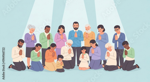 Diverse group of people praying together in harmony with light shining down