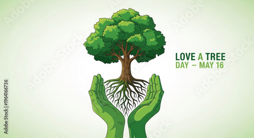 Hands cradling a tree with roots and green leaves symbolizing environmental care on love a tree day