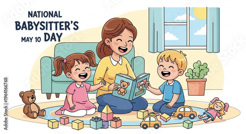 Happy babysitter reading to children on national babysitter's day surrounded by toys and playroom
