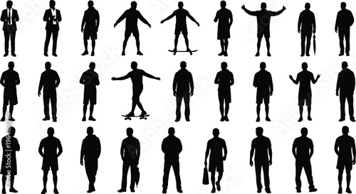 Twenty-four diverse human silhouettes in various poses, standing figures with casual and formal stances, creative vector design for motion studies.