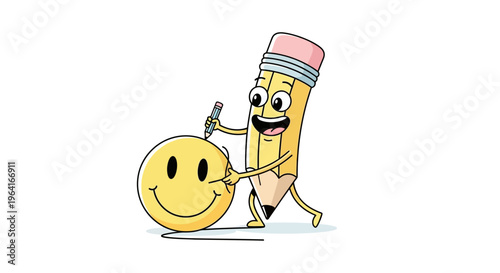 Smiling Pencil Character Holding Smiley Face.
