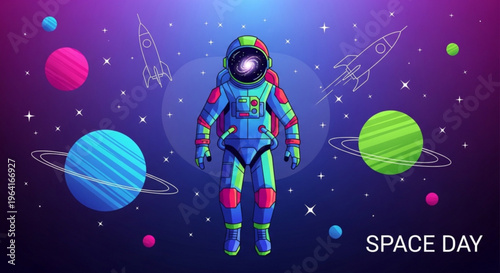 Astronaut in colorful space suit floats among planets and stars on space day with rockets