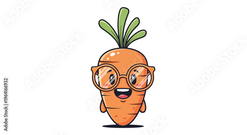 Cartoon carrot with glasses smiling.