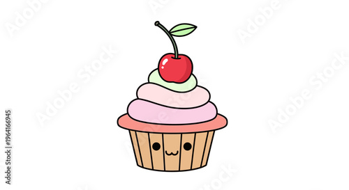 Cartoon cupcake with pink frosting cherry.