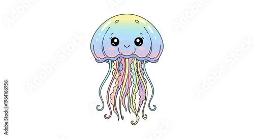 Colorful cartoon jellyfish with smiling face.