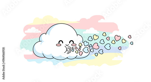 Cute cartoon cloud with hearts flying.