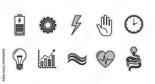 Collection of various icons representing energy time and technology