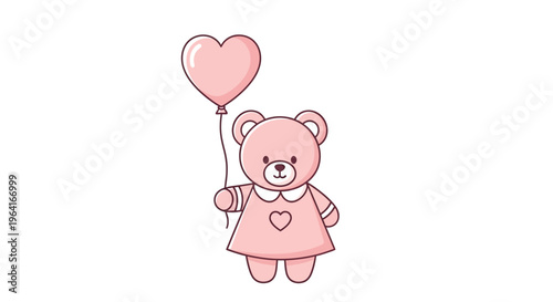 Pink Teddy Bear Holding Heart Balloon.