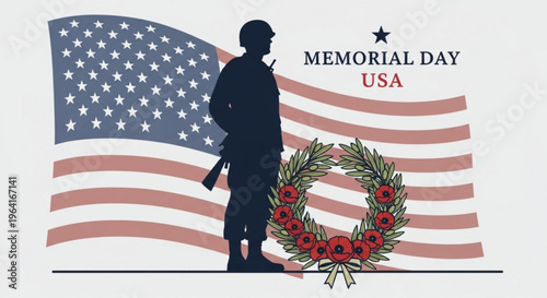 Silhouette of soldier standing before american flag with memorial day wreath symbolizing patriotism and remembrance on usa national holiday