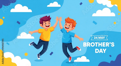 Two happy boys jumping high on brother's day celebrating with confetti and clouds in the background