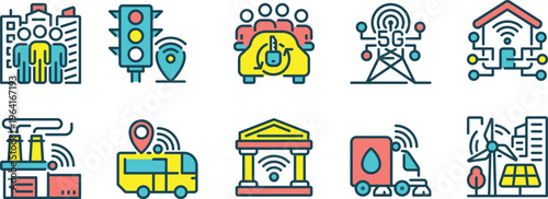 Illustrations of modern smart city infrastructure and technology icons