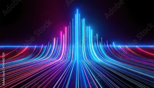 Abstract digital art of glowing lines creating a futuristic cityscape with vibrant colors and dynamic movement.