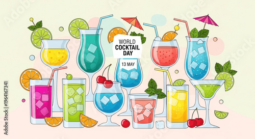 Colorful cocktails with umbrellas and fruits on world cocktail day mixed drinks with ice and straws