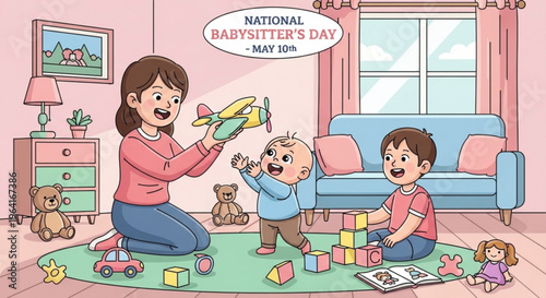 Woman babysitter playing with three happy children in a pink living room on national babysitter's day