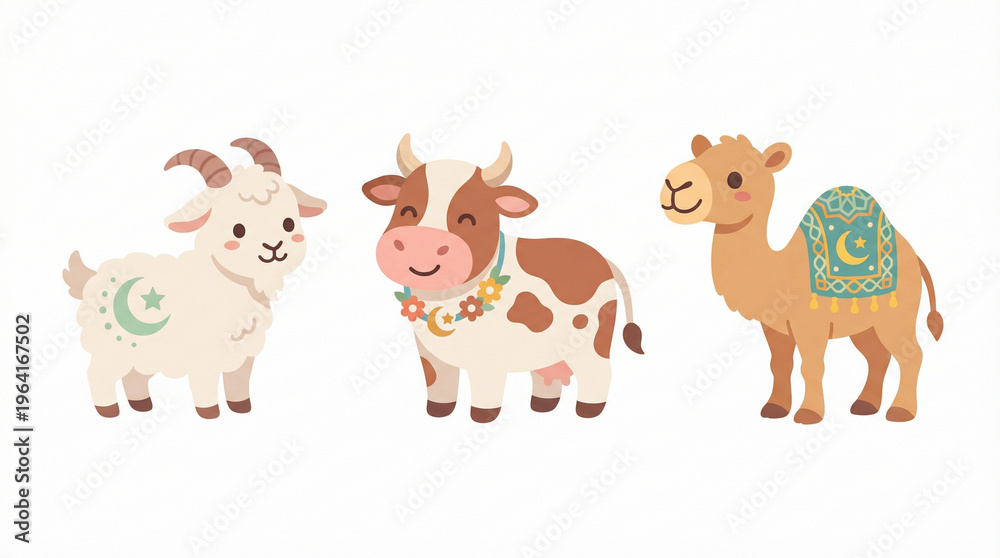 Obraz premium Adorable cartoon farm animals a cheerful goat with crescent moon symbols a spotted cow adorned with a floral garland and a friendly camel wearing a decorative saddle