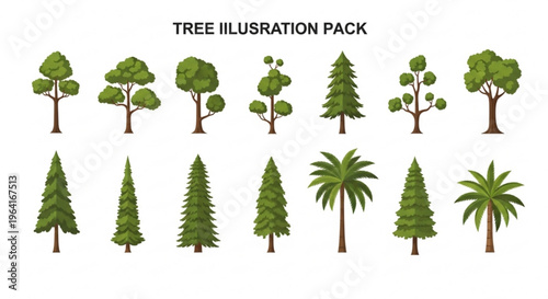 Tree illustration pack with various green tree types on white background